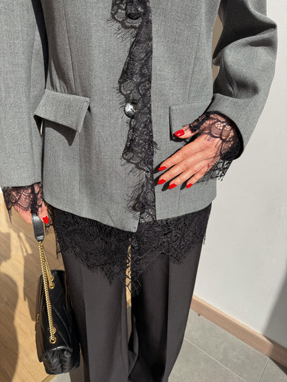 Grey Blazer Jacket with Lace Details