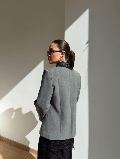 Grey Blazer Jacket with Lace Details
