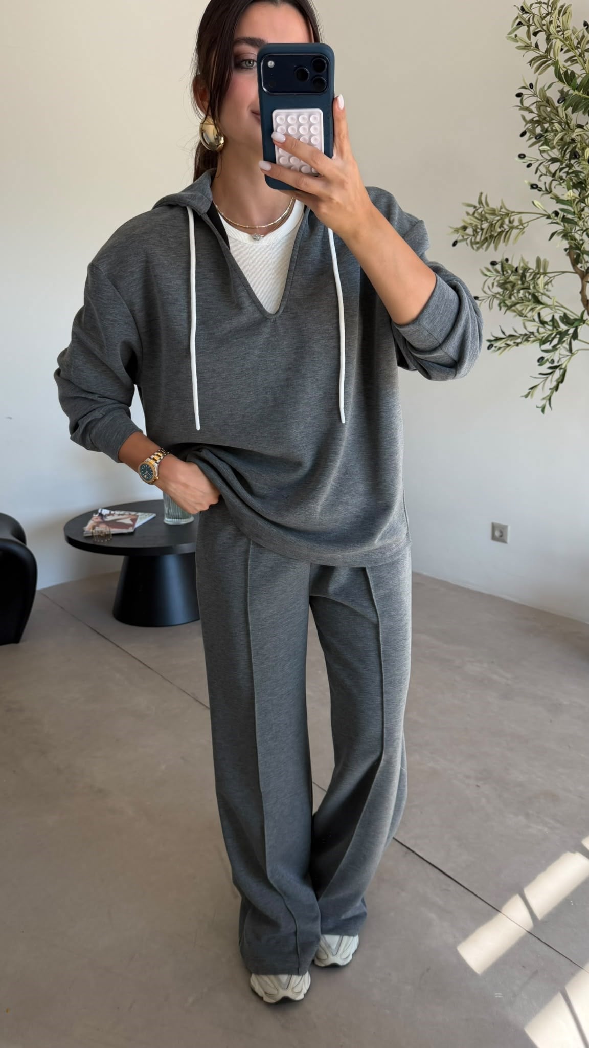 Grey V-Neck Hoodie cotton scuba Set