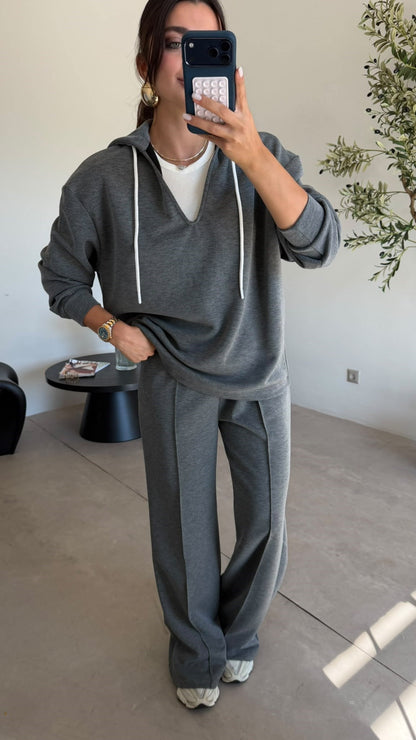 Grey V-Neck Hoodie cotton scuba Set