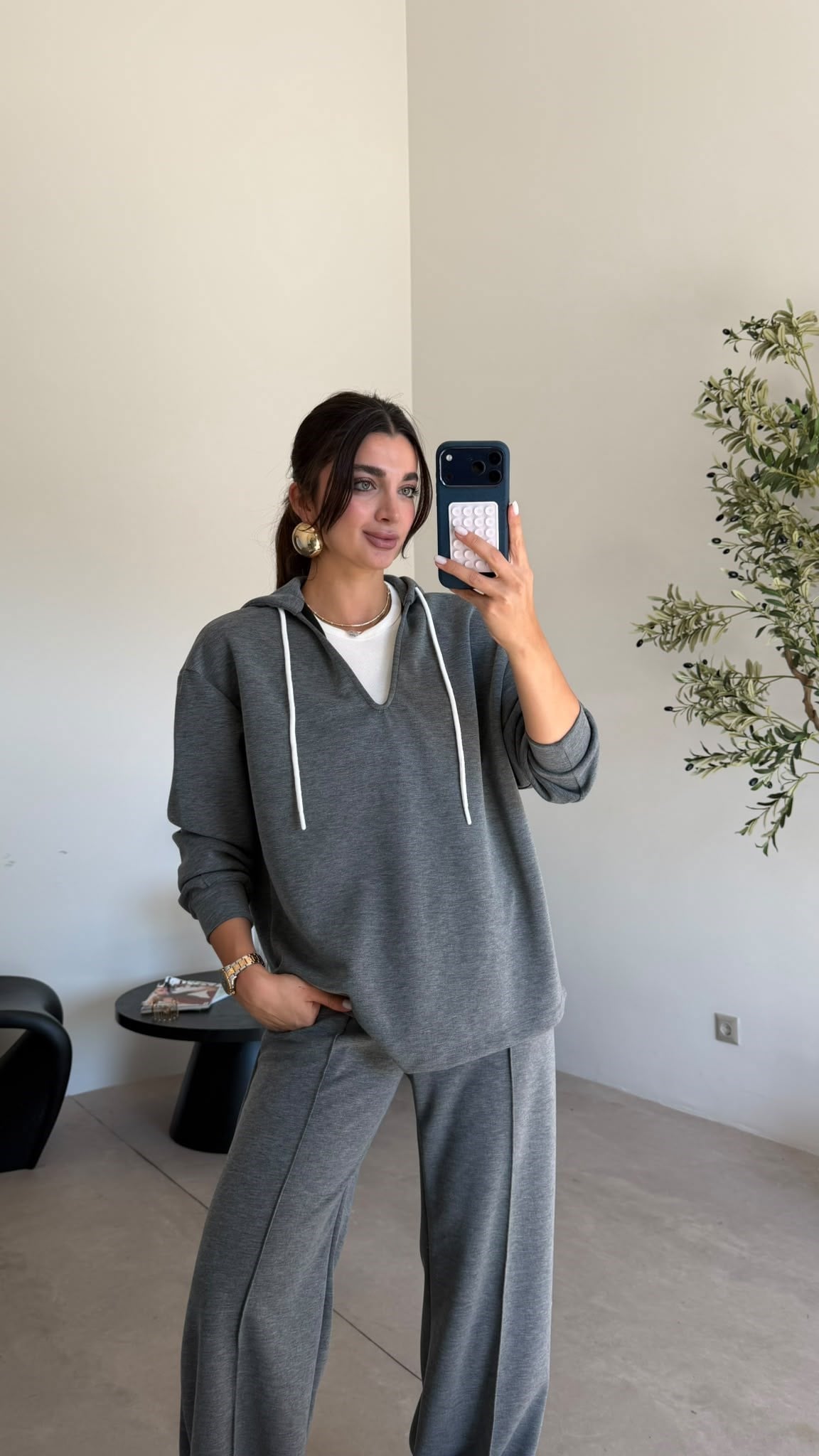 Grey V-Neck Hoodie cotton scuba Set