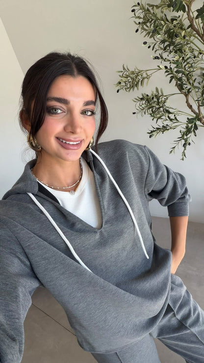Grey V-Neck Hoodie cotton scuba Set