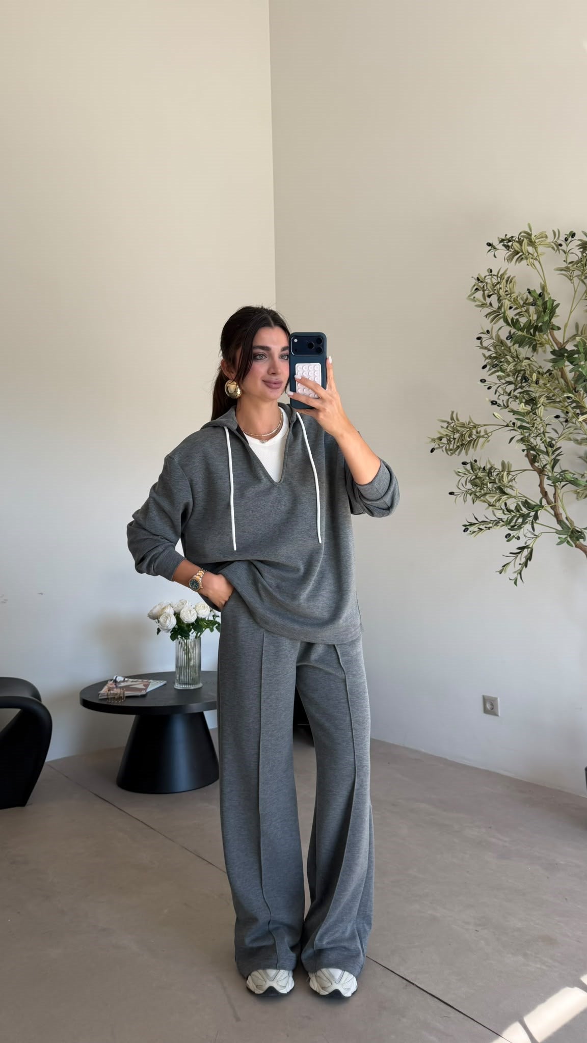Grey V-Neck Hoodie cotton scuba Set