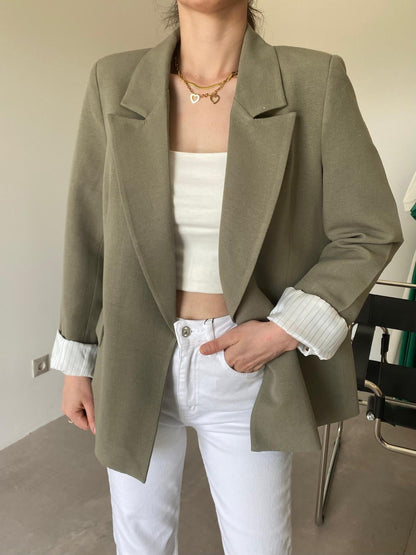 Oversized linen blazer with striped lining - olive green