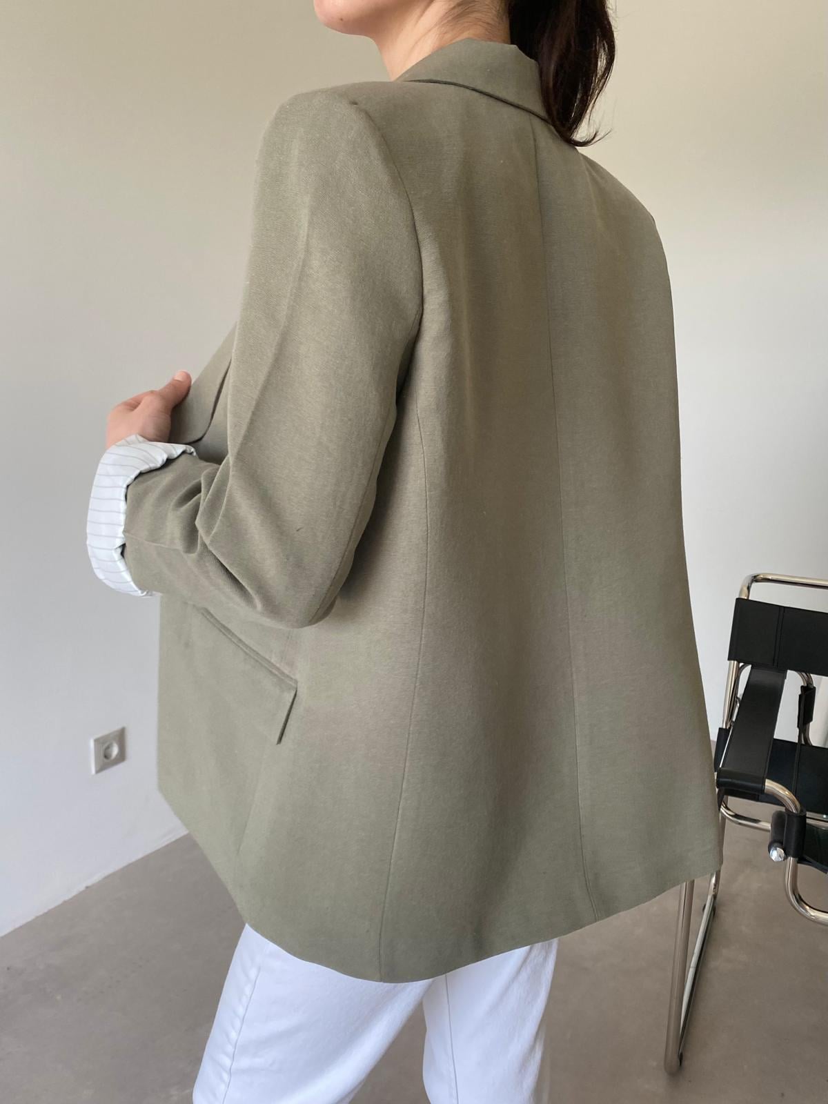 Oversized linen blazer with striped lining - olive green