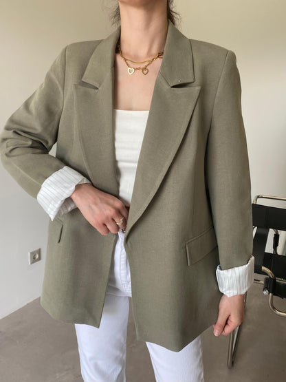 Oversized linen blazer with striped lining - olive green