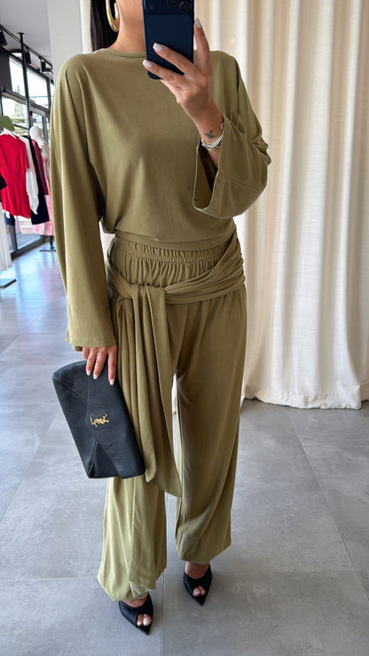 wide sleeve blouse With waist drapped co-ord set - olive green