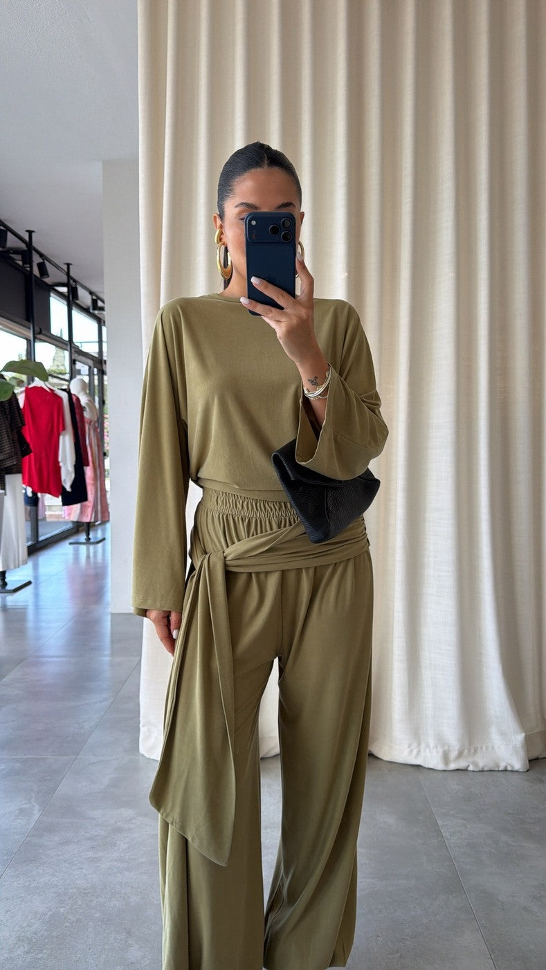 wide sleeve blouse With waist drapped co-ord set - olive green