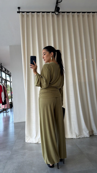 wide sleeve blouse With waist drapped co-ord set - olive green