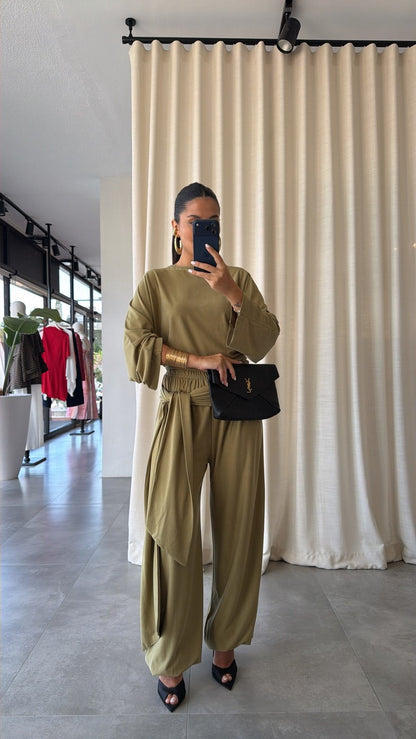 wide sleeve blouse With waist drapped co-ord set - olive green