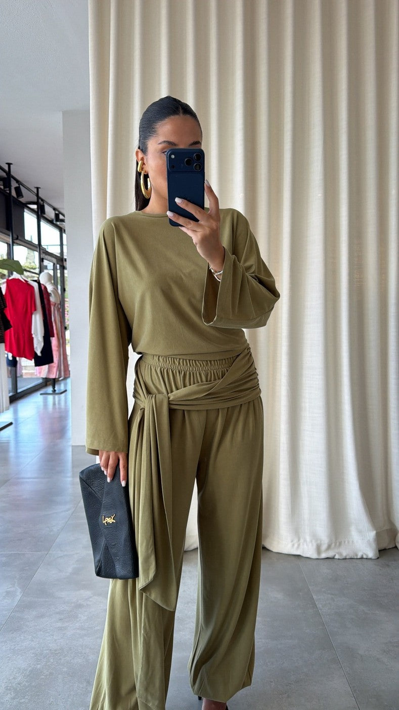 wide sleeve blouse With waist drapped co-ord set - olive green
