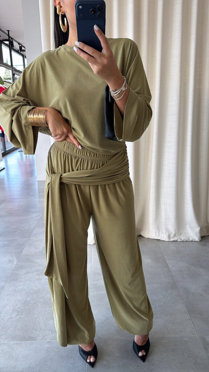 wide sleeve blouse With waist drapped co-ord set - olive green