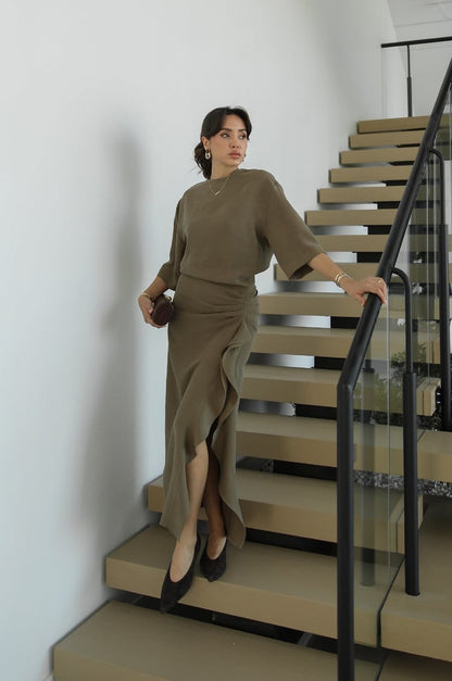 Zr model morley dress with side ruffle details