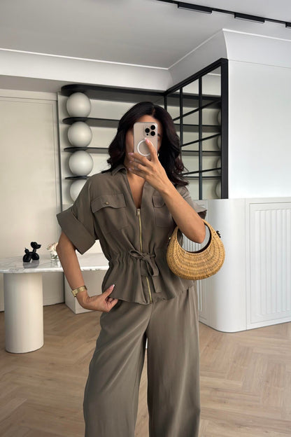 Gold zipper short sleeve tencel co-ord set