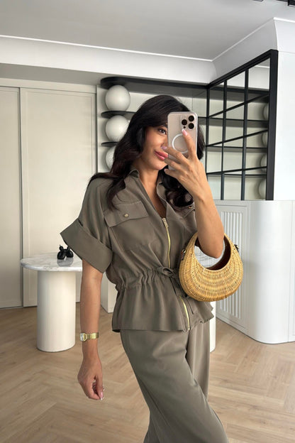Gold zipper short sleeve tencel co-ord set