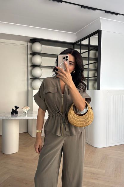 Gold zipper short sleeve tencel co-ord set