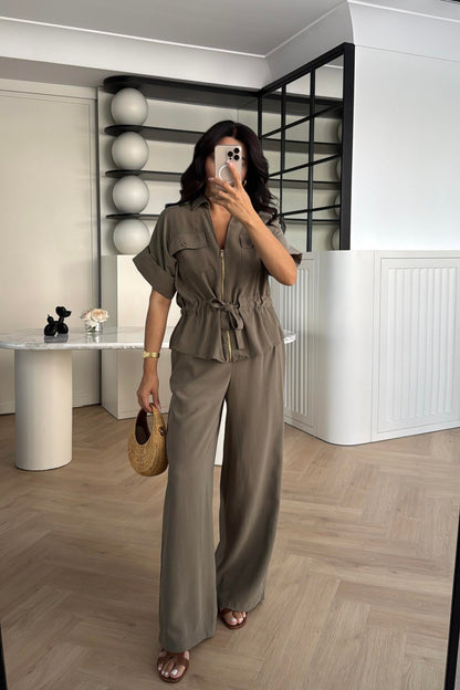 Gold zipper short sleeve tencel co-ord set