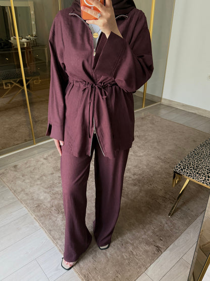Linen Zip-Up Co-Ord Set - burgundy