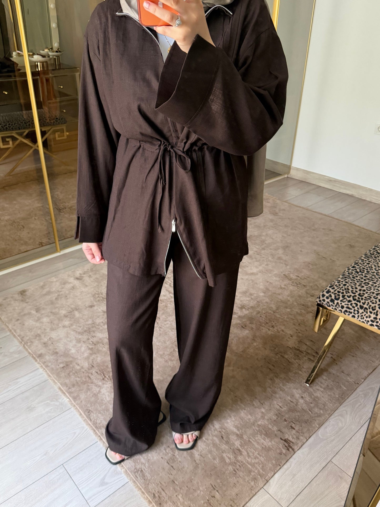 Linen Zip-Up Co-Ord Set - brown
