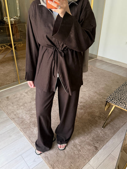 Linen Zip-Up Co-Ord Set - brown
