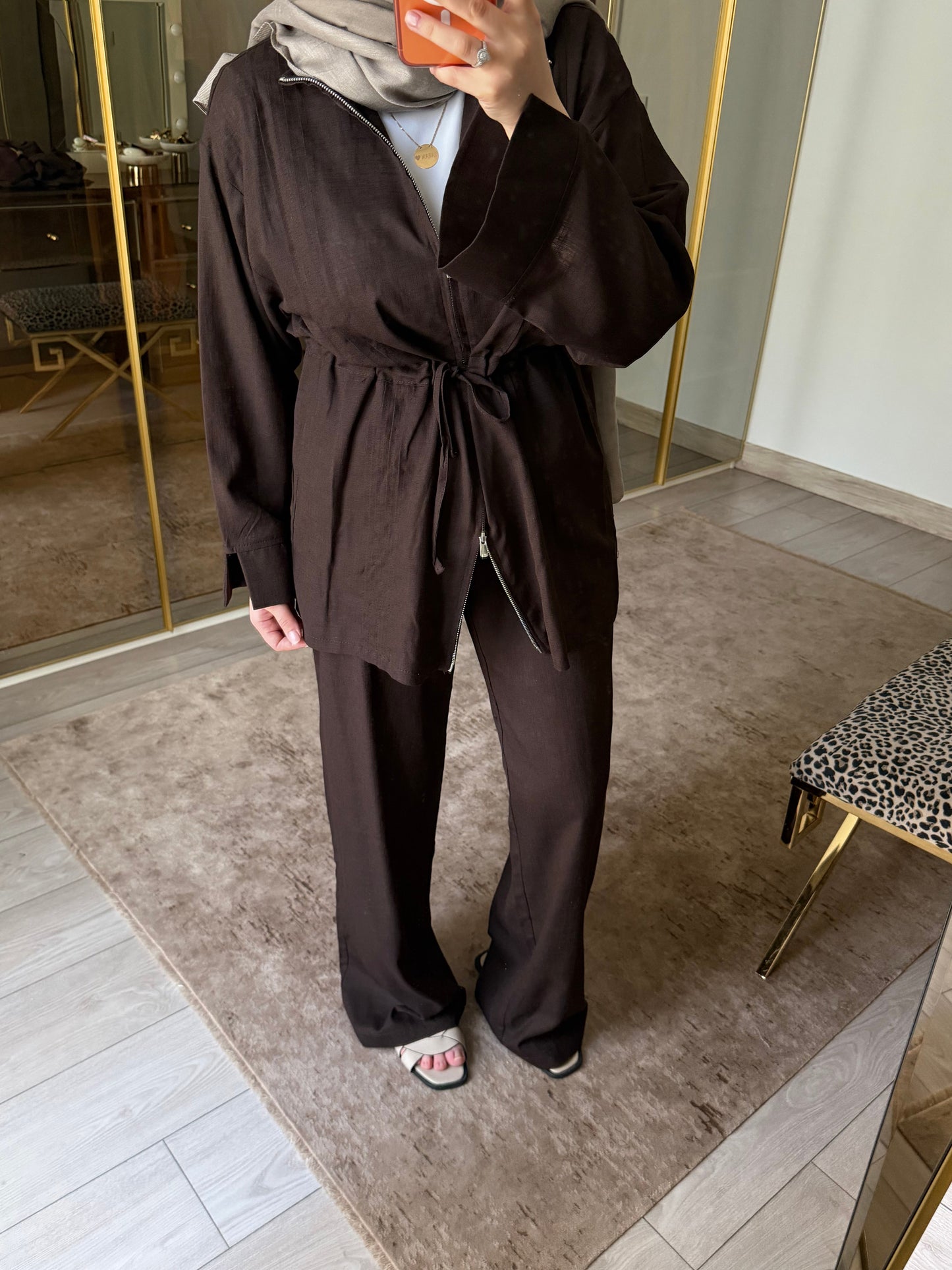 Linen Zip-Up Co-Ord Set - brown