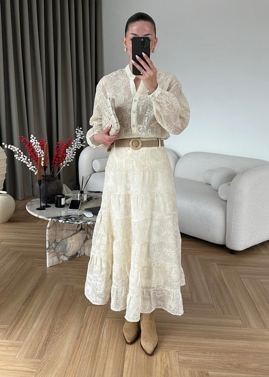 Beige textured fabric Skirt Set