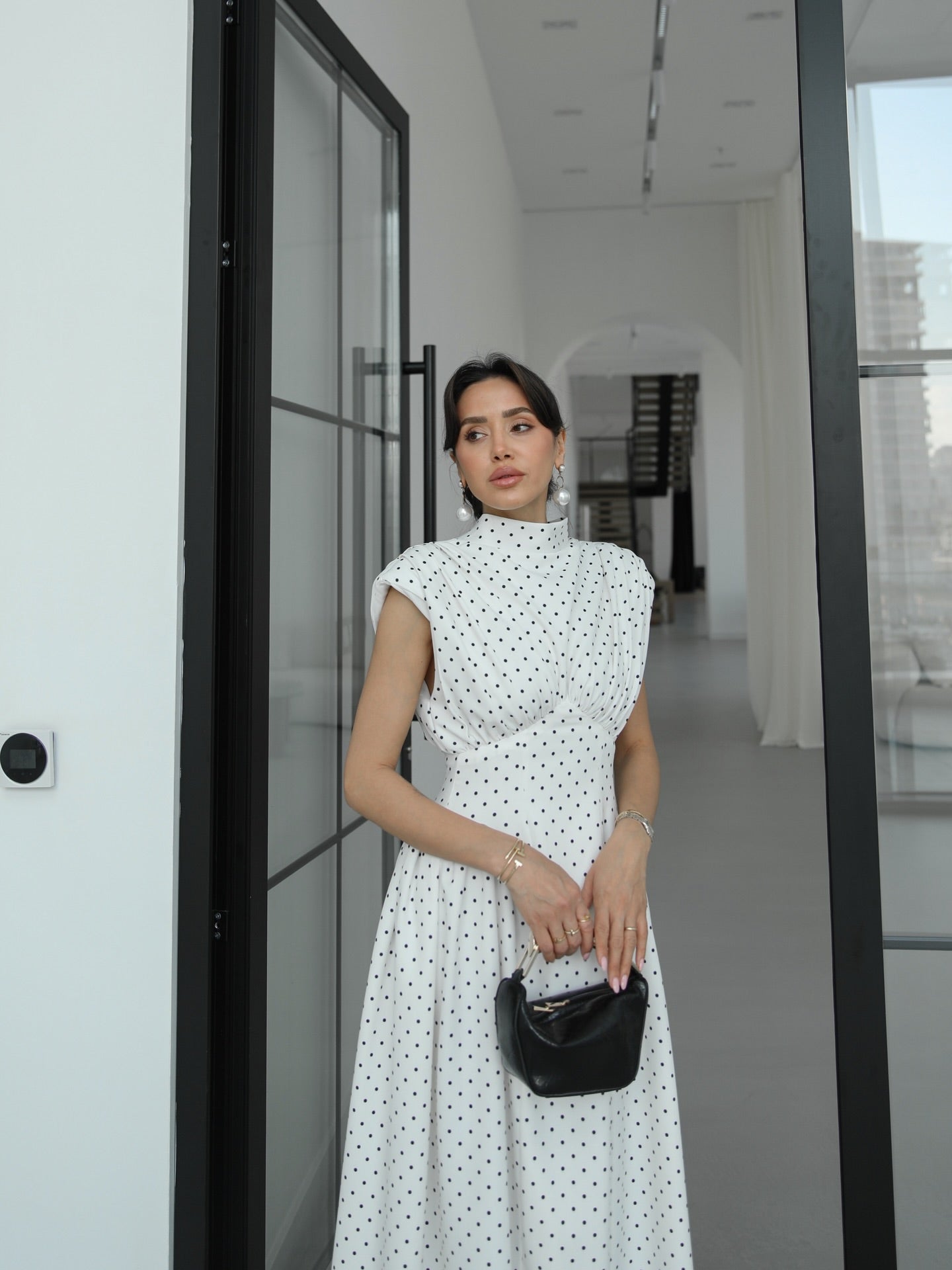 Polka Dot Enid Waist-Fitted Padded Dresswith back neck tie