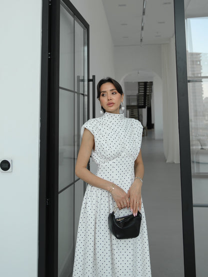 Polka Dot Enid Waist-Fitted Padded Dresswith back neck tie