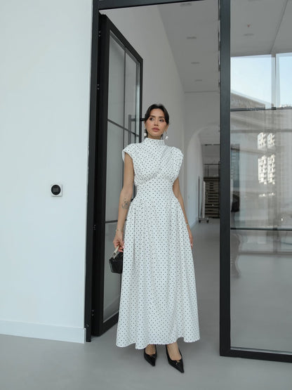 Polka Dot Enid Waist-Fitted Padded Dresswith back neck tie