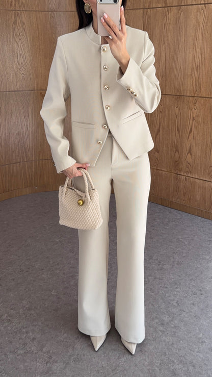 Textured fabric Stand collar gold buttons suit
