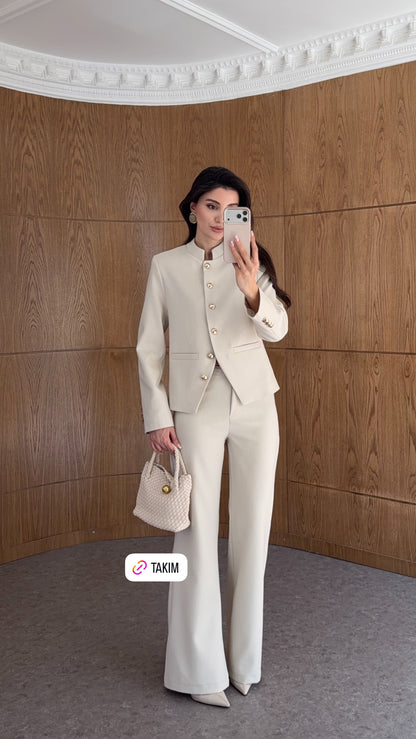 Textured fabric Stand collar gold buttons suit