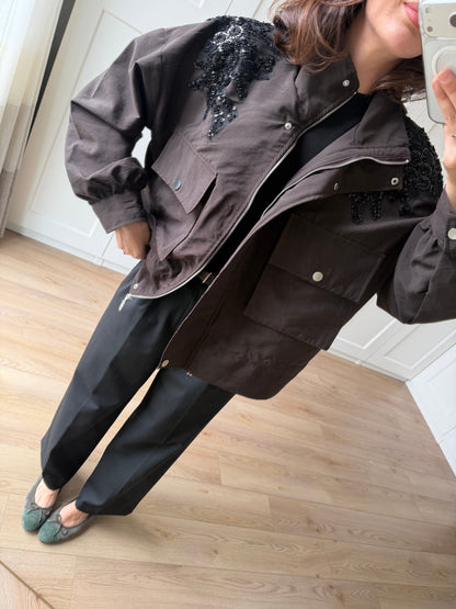Jacket with gathered sides and sequined shoulders - brown