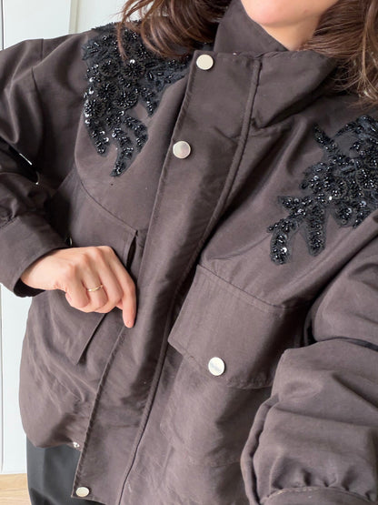 Jacket with gathered sides and sequined shoulders - brown