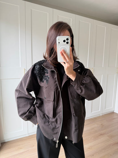 Jacket with gathered sides and sequined shoulders - brown
