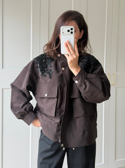 Jacket with gathered sides and sequined shoulders - brown