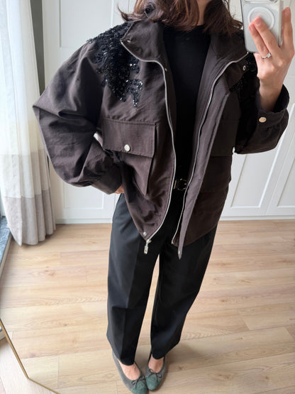 Jacket with gathered sides and sequined shoulders - brown