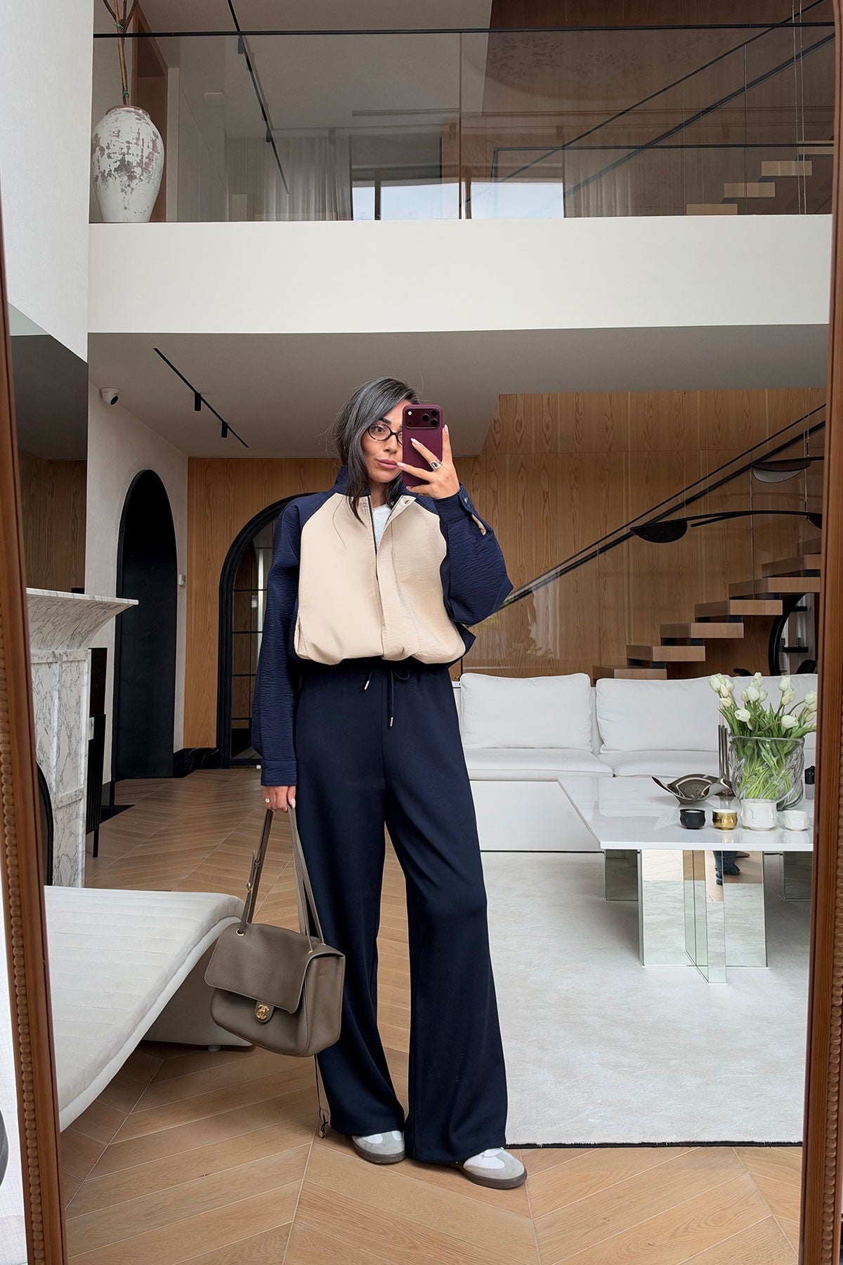 Navy Blue Beige Contrast Tracksuit Set