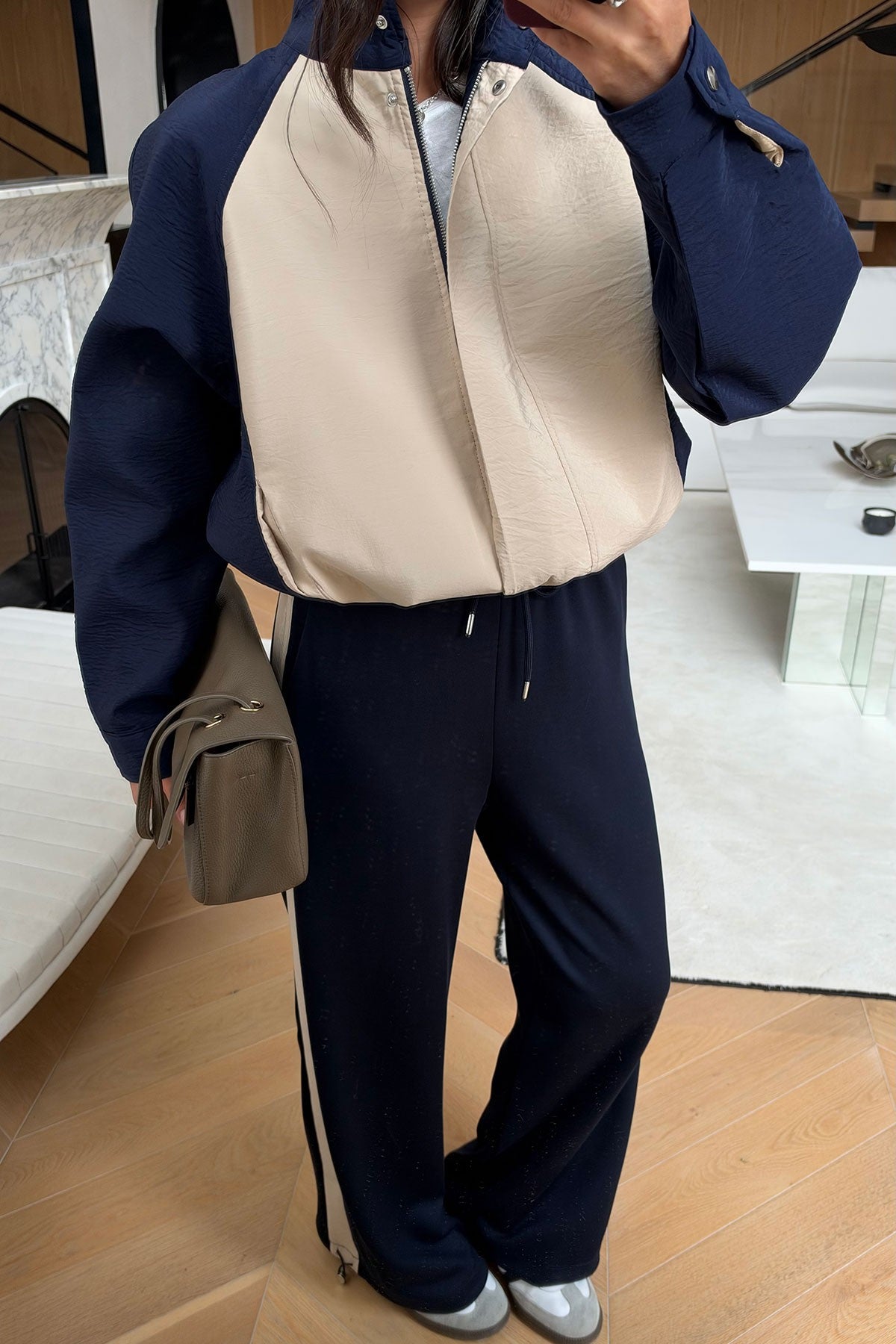 Navy Blue Beige Contrast Tracksuit Set