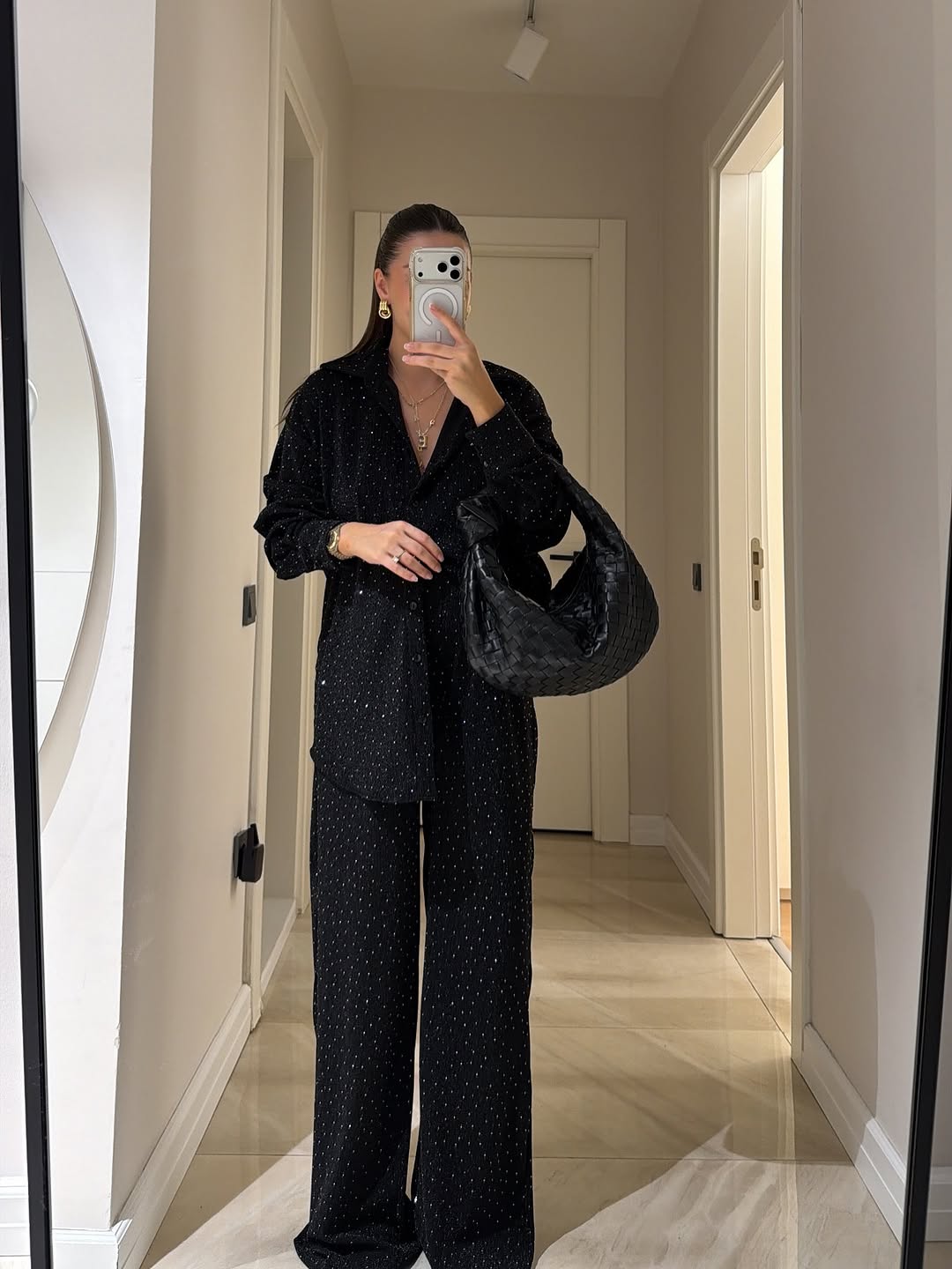 Stone Detail Shirt and Pants Set - Black