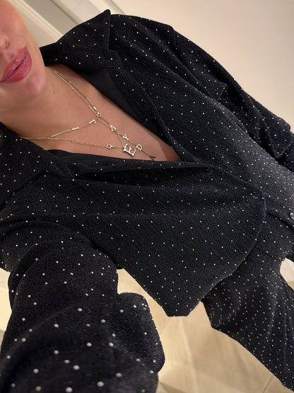 Stone Detail Shirt and Pants Set - Black