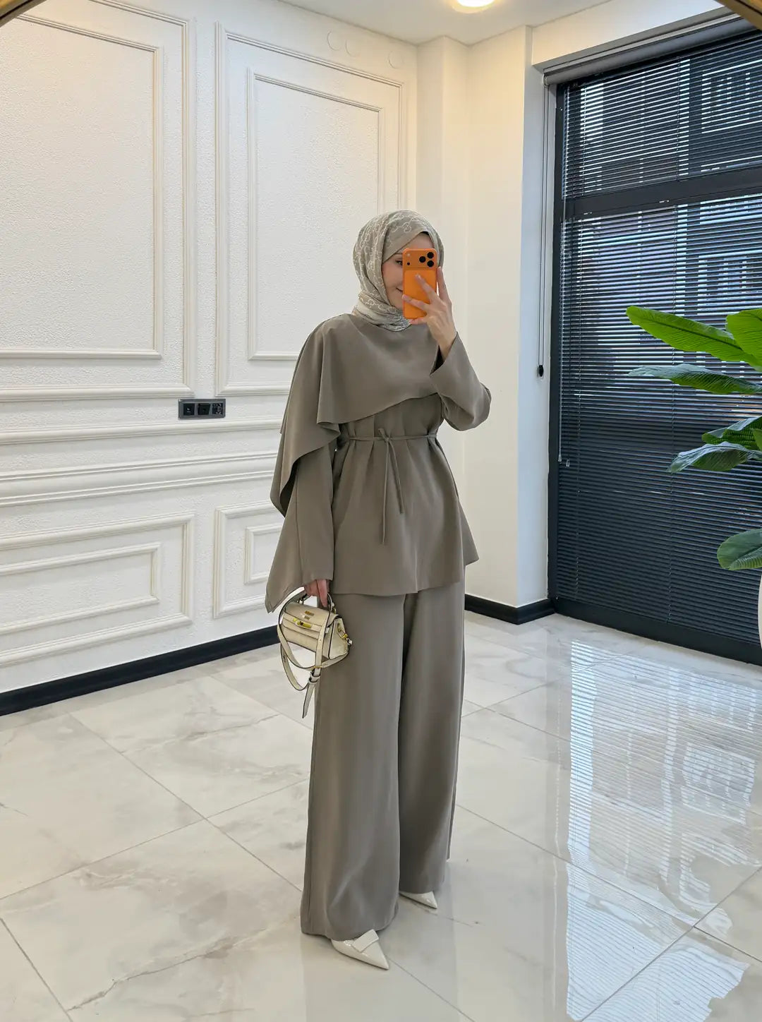 layered wrap cape-style overlay and a waist tie  with wide-leg pants co-ord set
