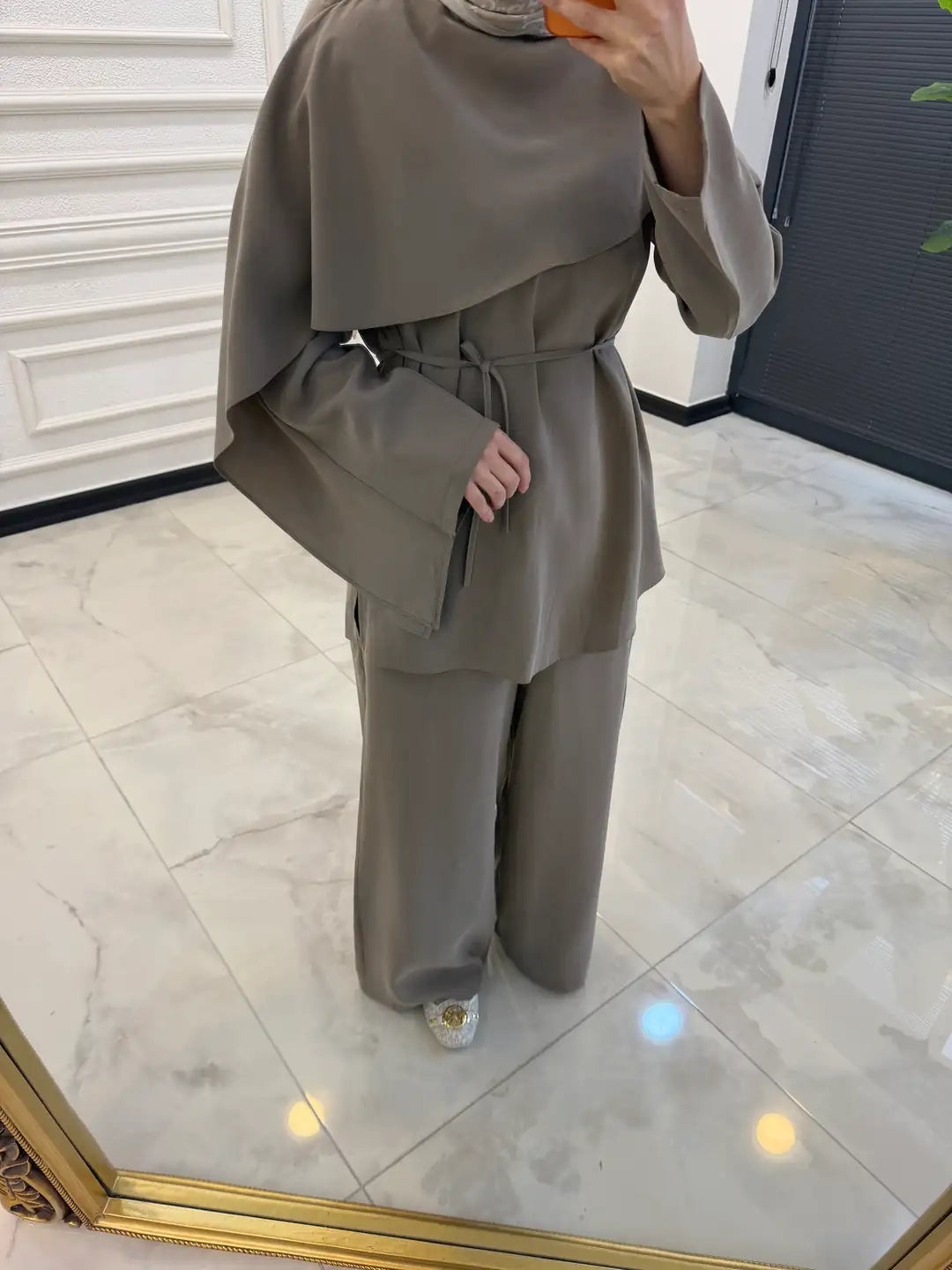 layered wrap cape-style overlay and a waist tie  with wide-leg pants co-ord set