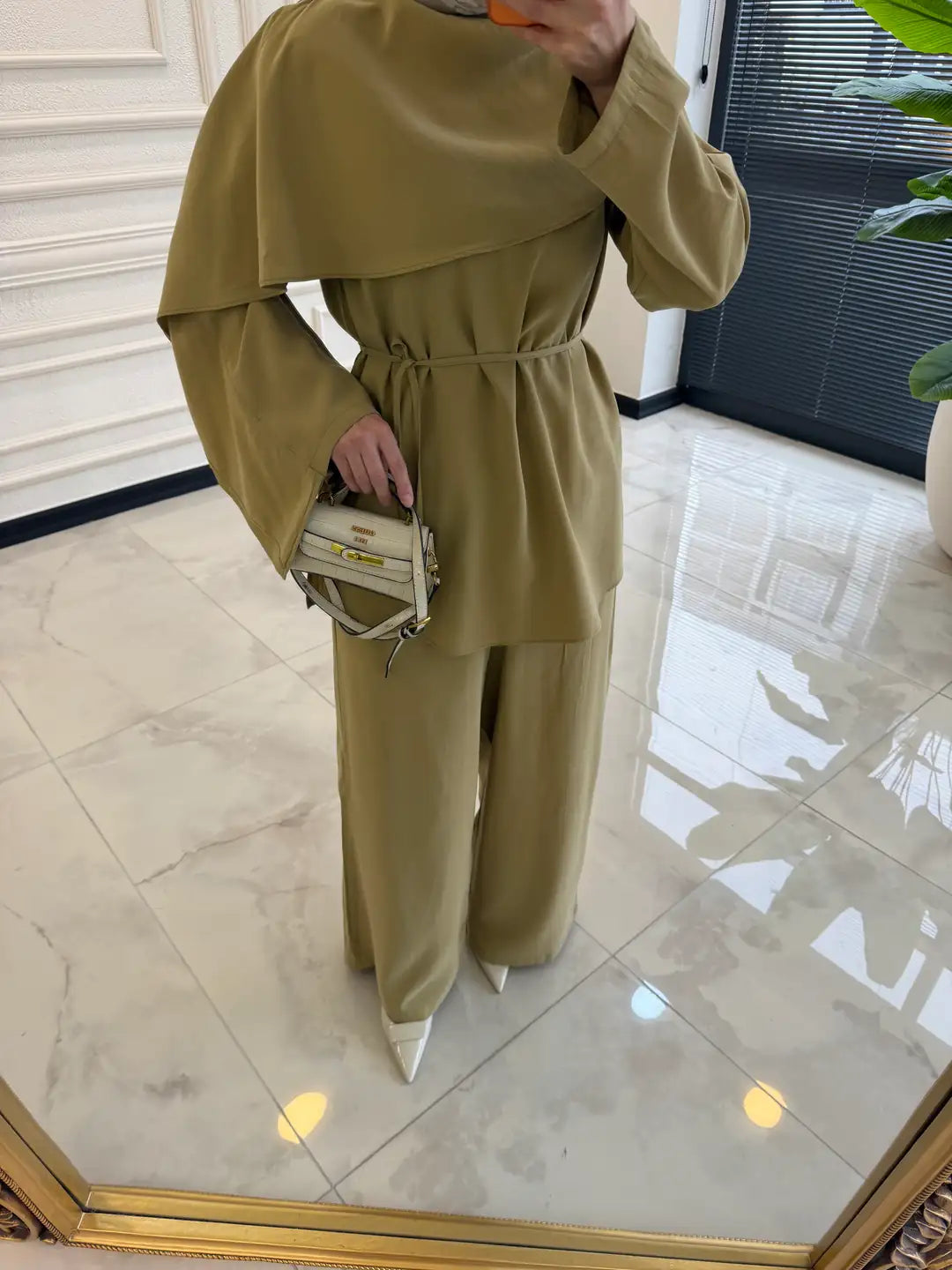 layered wrap cape-style overlay and a waist tie  with wide-leg pants co-ord set