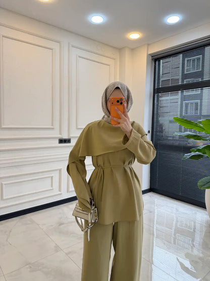 layered wrap cape-style overlay and a waist tie  with wide-leg pants co-ord set