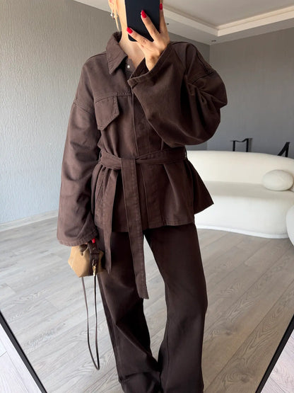 Brown Belted jeans co-ord set