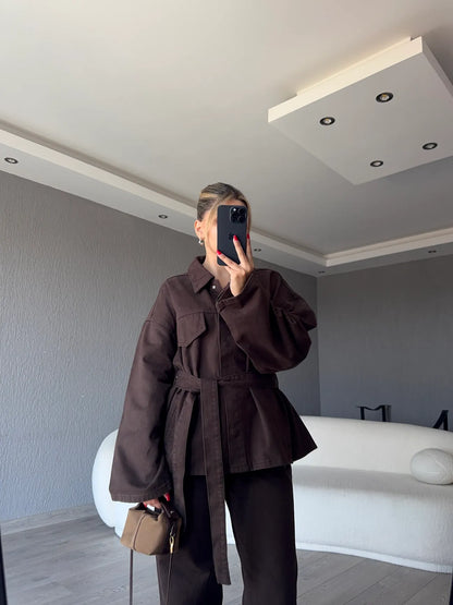 Brown Belted jeans co-ord set