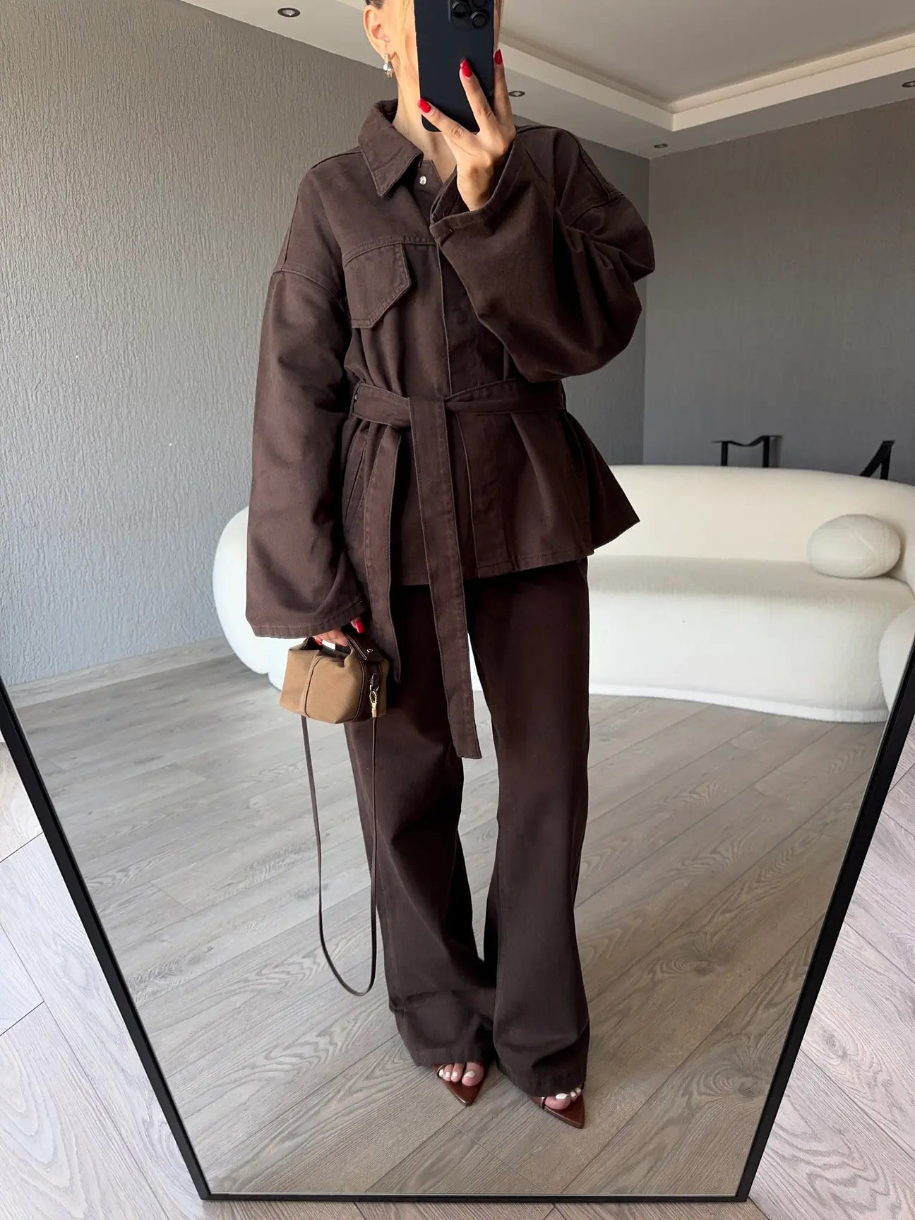 Brown Belted jeans co-ord set