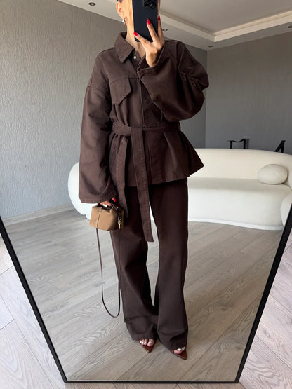 Brown Belted jeans co-ord set