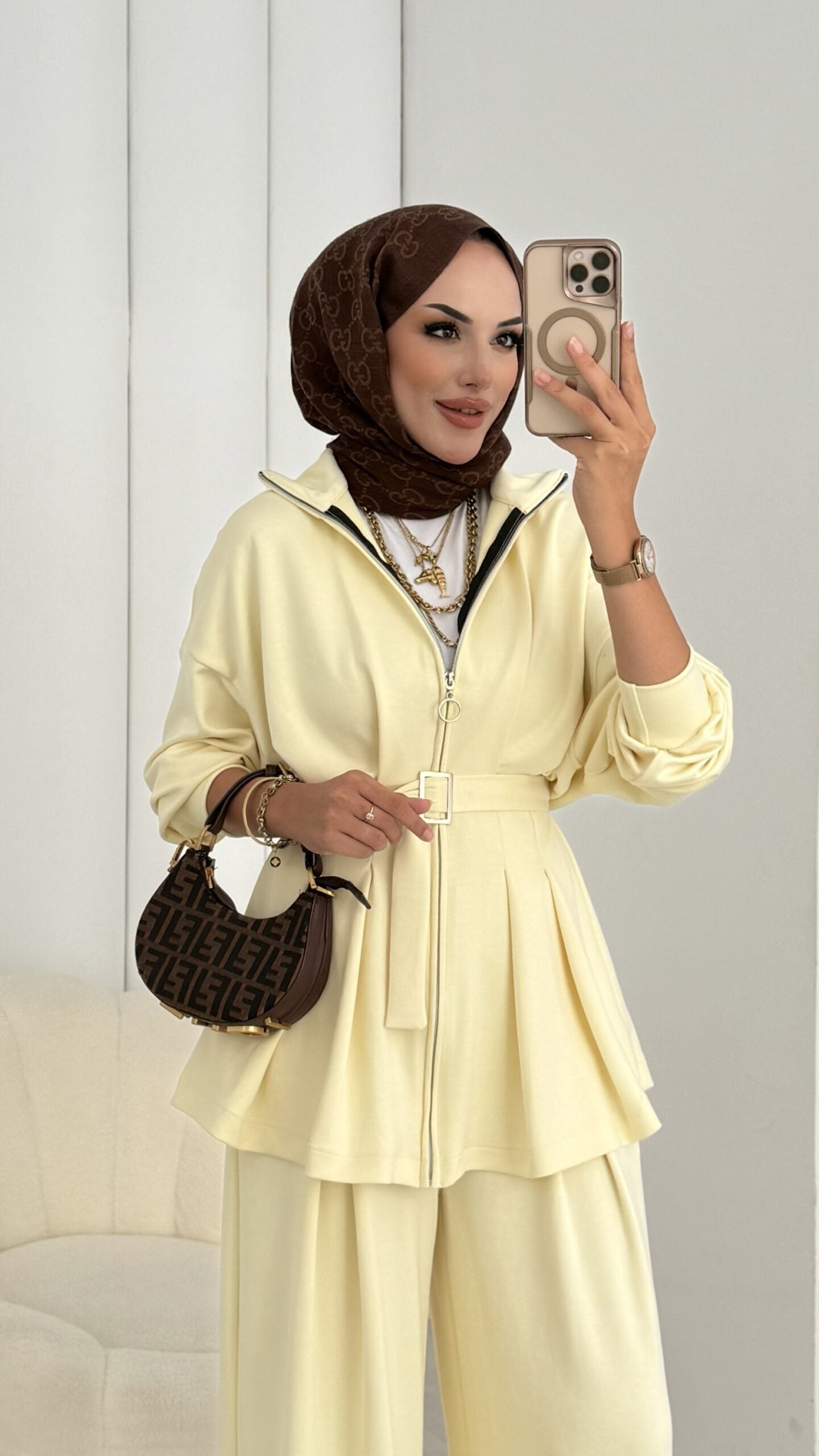 Soft-touch oysho fabric belted jacket, Wide-leg pleated trouser co-ord set