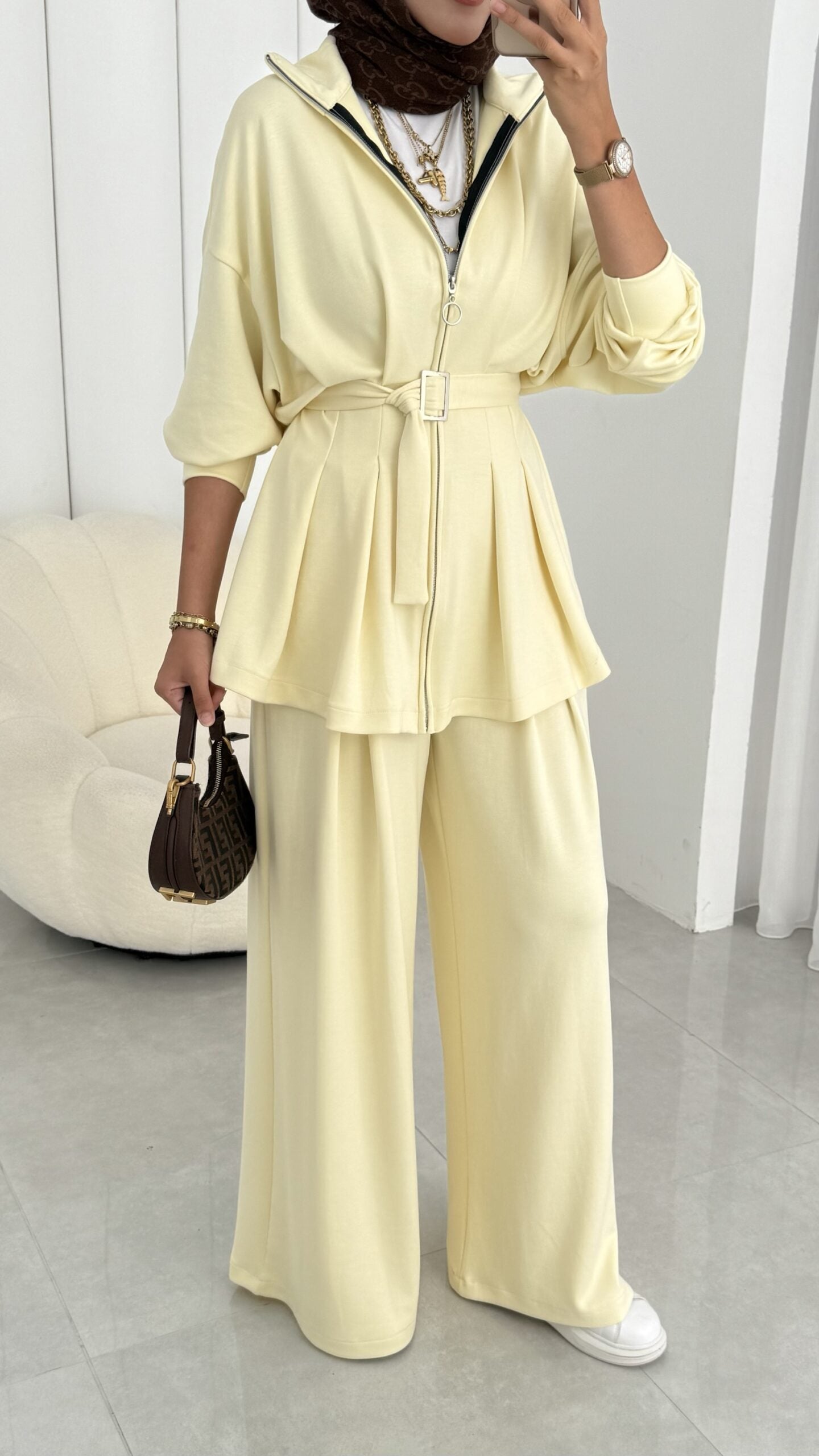 Soft-touch oysho fabric belted jacket, Wide-leg pleated trouser co-ord set